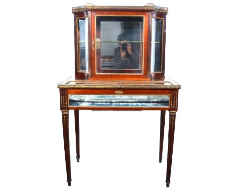 19th Century French mahogany display cabinet, the top with pierced gallery and marble inset, glazed door enclosing a shelf, t