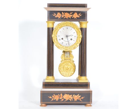 19th Century French walnut and marquetry portico clock, typical form with gill metal mounts, circular silvered dial with Roma