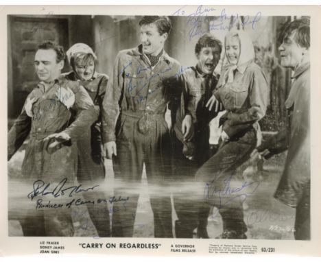 Carry On Regardless, a 10x8 film photo. Signed by Sidney James playing Bert Handy, Kenneth Connor as Sam Twist, Joan Sims as 
