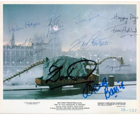 One of our Dinosaurs is Missing, a 10x8 film photo, signed by ten actors: Jon Pertwee as Colonel, Peter Ustinov as Hnup Wan, 