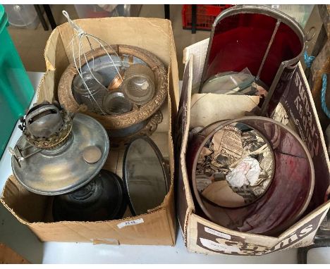 Four early moulded clear glass night light holders with metal suspensions; oil lamp base and various glass and coloured glass