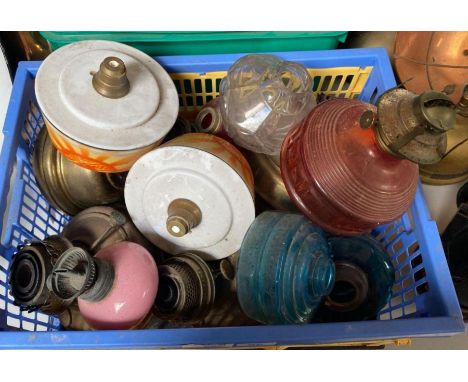 A quantity of coloured glass, brass and painted glass oil lamp reservoirs for pendant suspension fittings **Lots must be paid
