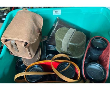 A quantity of binoculars, some in leather cases; a small box camera and a green painted metal military water bottle holder **