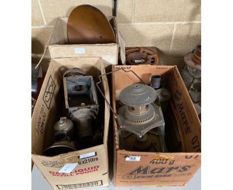 Assorted lamps including acetylene bike lamps; carrying lamp, stoves and other items **Lots must be paid for and collected wi