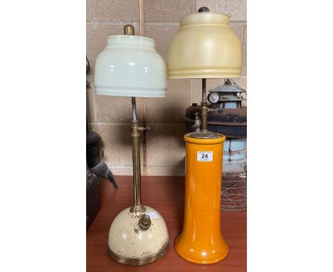 A Tilley style table lamp with Bretby glazed pottery base and original cream glass shade, 62cms high; together with another t