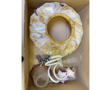 A marbled glass plafonnier and a pair of decorative metal wall light fittings with glass shades **Lots must be paid for and c