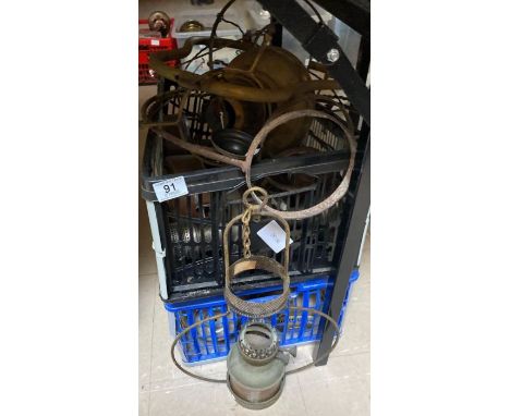A quantity of oil lamp bases, shaped suspension frames for oil lamps and others similar **Lots must be paid for and collected