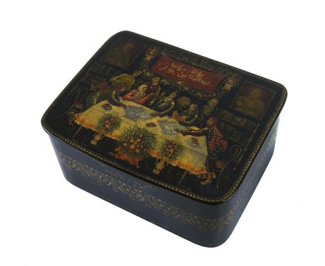 A SOVIET AGITLAK KEEPSAKE BOX, EDUCATING THE MINORITIES, K. KHOKHLOV, PALEKH, 1935of a rectangular shape with rounded corners