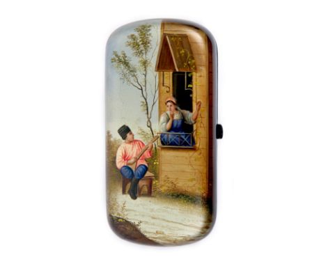 A RUSSIAN PAPIER MACHE SNUFF BOX, VISHNIAKOV AND SONS, MOSCOW, 19TH CENTURYof rectangular form with rounded edges, the hinged