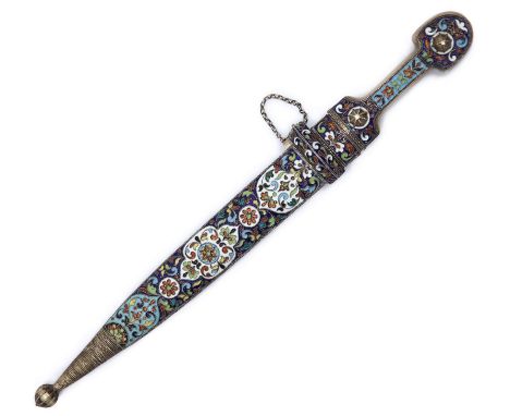 A CAUCASIAN KINDJAL WITH FULL GILT SILVER AND CLOISONNE ENAMEL SCABBARD AND HILT, 1891the double-edged steel blade incised wi