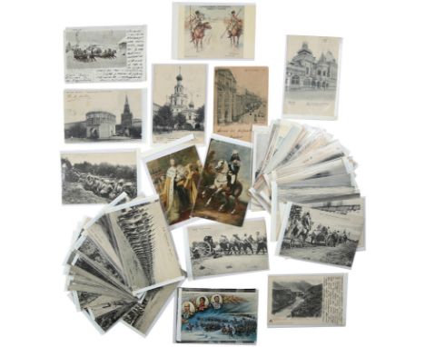 A GROUP OF 65 RUSSIAN POSTCARDS, EARLY 20TH CENTURYComprising:a) 27 black and white postcards with photographs of everyday sc