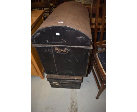 Two early 20th century metal tin trunks one dome topped with nice interior and similar tool style case