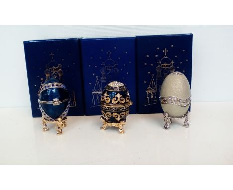 3x History of Fabergé Egg trinkets. With boxes some with COA