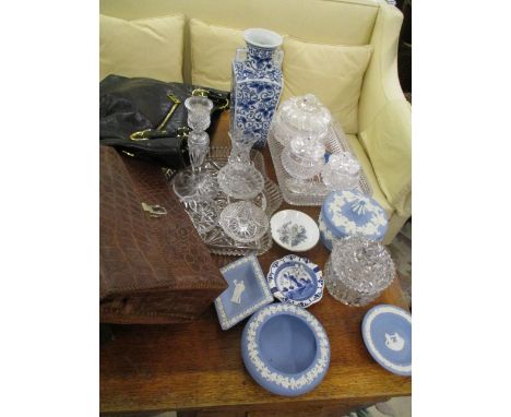 A vintage crocodile bag, together with a Dune Hobo style shoulder bag, and mixed cut glass and china to include blue Jasperwa