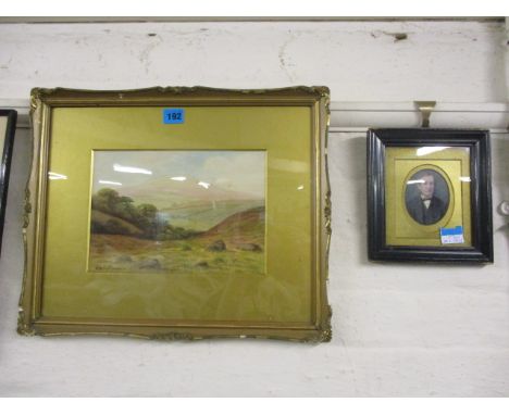 George Oyston - A hilly landscape watercolour - 7h x 10w, mounted in a gilt frame together with a small portrait of a gentlem