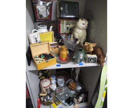 Mixed household items together with a modern stained pine stool, a plant stand and a magazine rack, carnival glass, a Russian