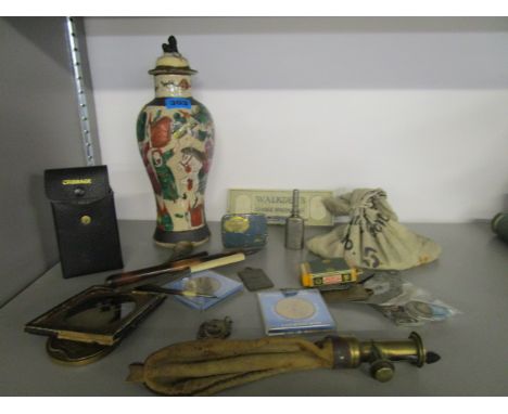 A mixed lot to include coins, a Chinese vase and cover, a kid leather and brass powder flask and other items