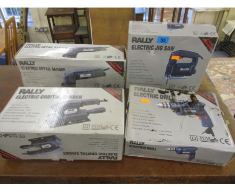 Boxed electrical tools to include a jig saw, a drill and two sanders