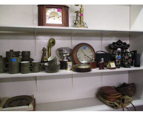 A retro Denby coffee set in green, a brass telephone and hip flasks, clocks, a bag of boules, a barometer and other items