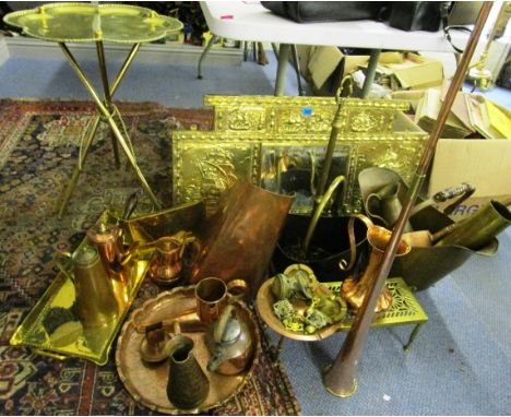 A selection of Edwardian and later brass, copper and other metalware to include a Benson Arts & Crafts jug, a brass table, a 