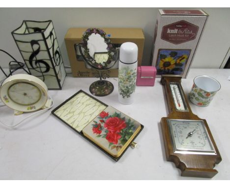 A mixed lot to include an oak cased barometer, a leaded glass table light and other items