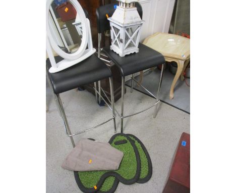 A mixed lot to include two bar stools, a mirror, a lantern and two mats