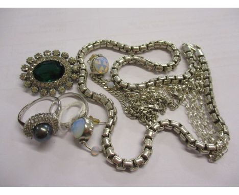 A silver box link necklace, opal and silver earrings and a small quantity of silver jewellery