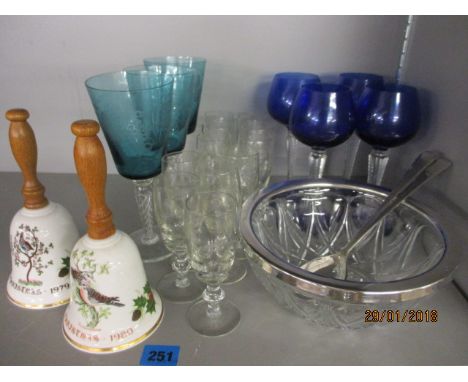 A small amount of glassware to include three etched turquoise wine glasses, together with two Royal Grafton ceramic bells