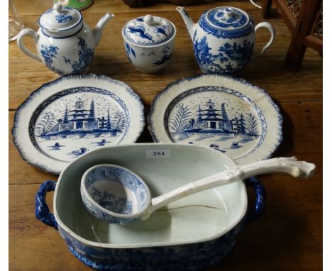 Blue & white scenic tureen, ladle, 2 Oriental blue & white tea pots, pot & lid + pair of Pagoda plates  