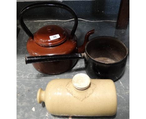 Enamel saucepan, kettle & stone footwarmer  