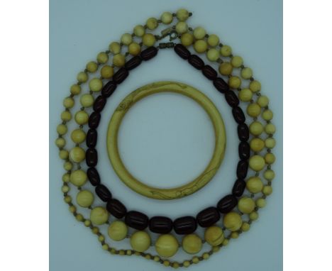 Bead necklace, 2 ivory necklaces & bangle  