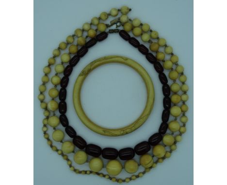 Bead necklace, 2 ivory necklaces & bangle  