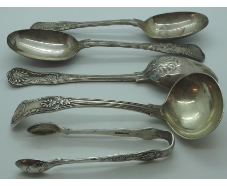 Silver 3 serving spoons, ladle & sugar tongs  