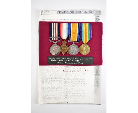 A WWI Military Medal, bar and trio awarded to 5627 Sgt. J. Hyde 12th Battalion Manchester Regiment with photocopied Gazette e