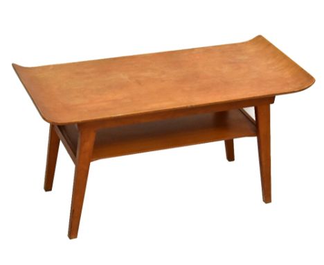 A 1950s oak coffee table with curved ends and undertier magazine shelf, length 82cm, depth 38.5cm, height 43cm.Additional Inf