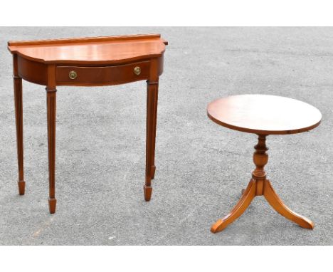 A modern walnut serpentine side table, with drawer, on fluted and tapered legs, height 74cm, width 75.5cm, depth 36.5cm, toge
