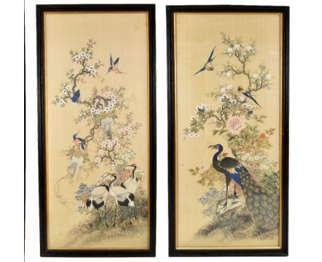A pair of Chinese watercolours on silk, the first depicting a peacock and the second cranes and kingfishers, both set against