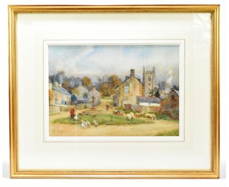 SAMUEL TOWERS (1862-1943); watercolour, 'Hartington Dovedale Village', village street scene featuring children, shepherd, duc
