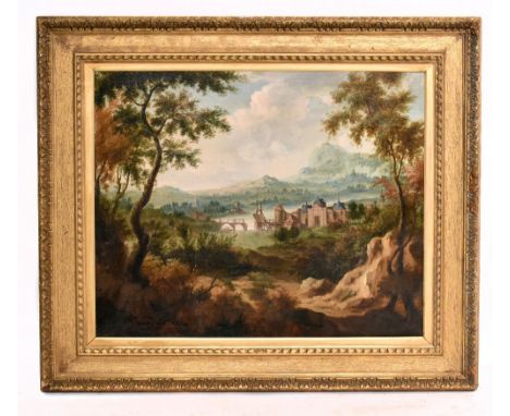 19TH CENTURY CONTINENTAL SCHOOL; oil on relined canvas, mountainous landscape with settlement in mid ground, unsigned, 62 x 7