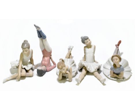 LLADRO; two figures representing dancers, height of largest 22cm, and two similar Nao examples and a further unmarked example