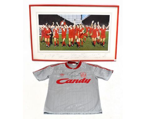 SIR KENNY DALGLISH; a signed replica football shirt, inscribed 'Good Luck', size S, and a signed print 'We Are The Champions'