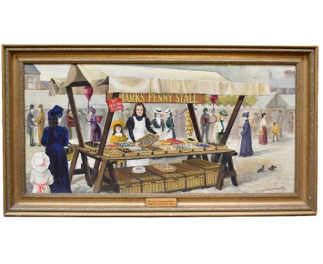 ALBIN TROWSKI; large oil on canvas ‘Marks’ Penny Stall’, signed and dated 1971, 60 x 120cm, framed. (D)Footnote: The picture 