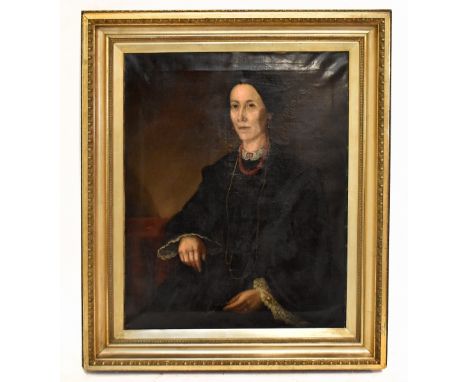 19TH CENTURY BRITISH SCHOOL; oil on canvas, portrait of a Victorian lady wearing a ruby coloured necklace and brooch, apparen