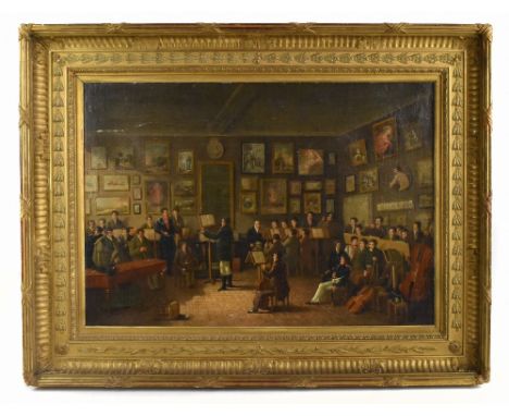 EARLY 19TH CENTURY FRENCH SCHOOL; oil on canvas, a rehearsal studio featuring numerous musicians with a collection of art han