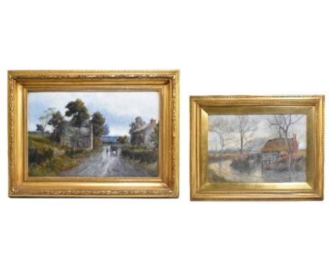 R.C RISELEY; watercolour, thatched cottage on a country lane, signed and dated 1910 lower left, 25.5 x 37.5cm, and a larger u