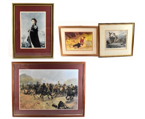 After R Caton Woodville, colour print, battle 51cm x 77cm, with a print of HR Majesty The Queen and two other prints (4)