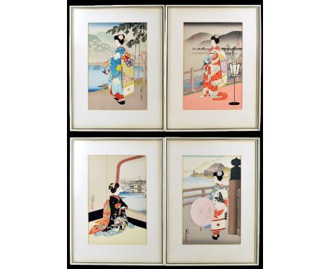 AFTER HASEGAWA; four Japanese ukiyo-e style woodblock prints depicting geisha, two with Uchida Art Co Ltd, Kyoto Handicraft C