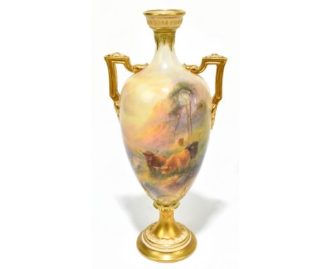 HARRY STINTON FOR ROYAL WORCESTER; a twin handled baluster vase painted with Highland cattle in Scottish loch landscape, sign