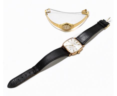 ROTARY; a gentleman’s 9ct gold cased wristwatch, the square silvered dial set with batons and subsidiary seconds dial and dat