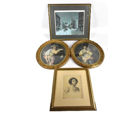 AFTER ARTHUR DELANEY; colour print, Manchester street scene, 39.5 x 47cm, with a pair of 19th century coloured prints of maid
